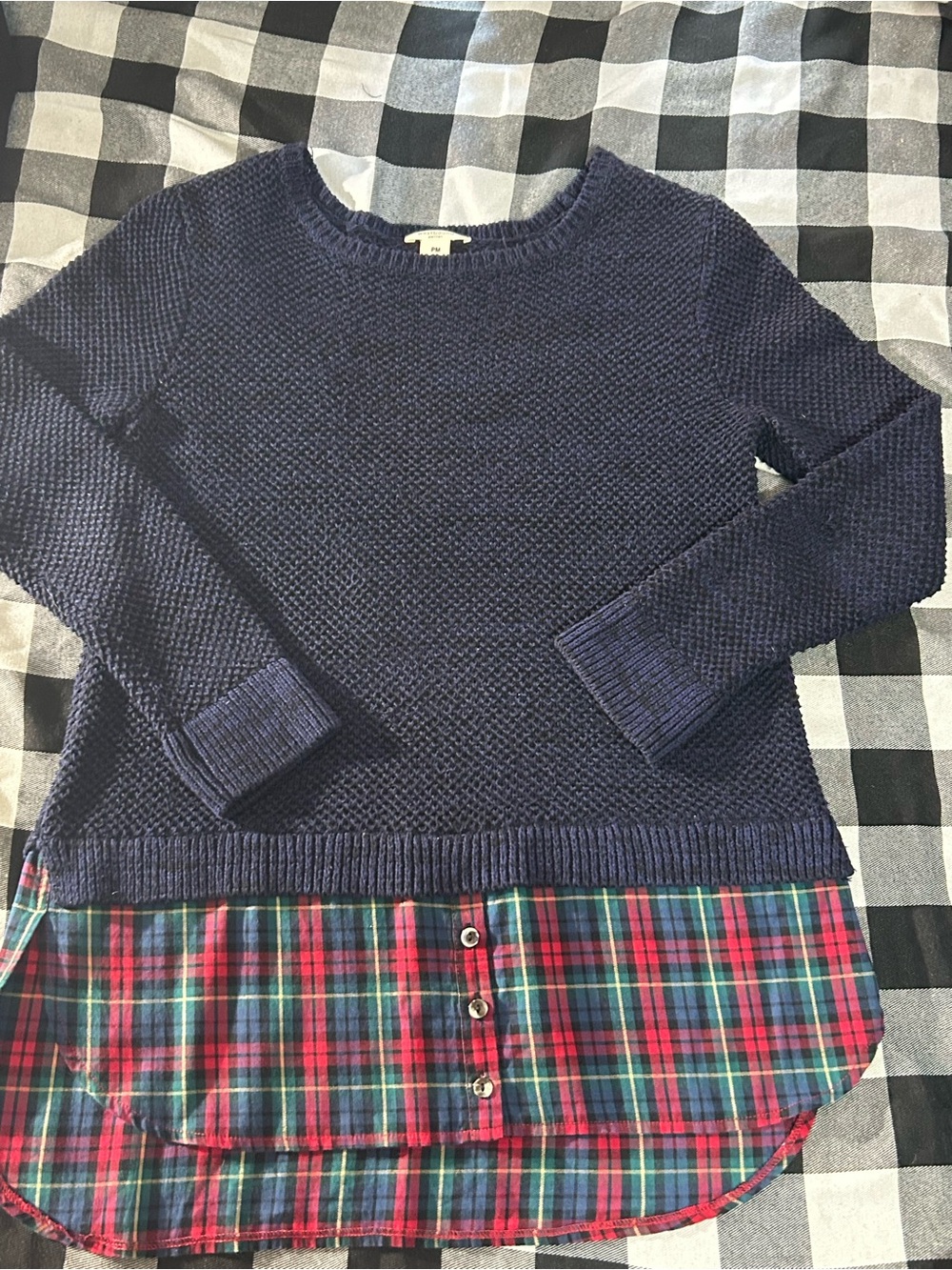 Westbound Navy Knit Sweater with Attached Red Plaid Hem